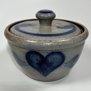 Vtg Rowe Pottery Works  Butter Dish Crock Lid Stoneware Salt Glazed 80s